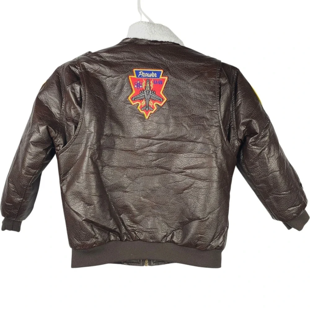 Da Fei Li Boys Bomber Jacket Size 10 Flight Aviator Faux Leather Patches Coat